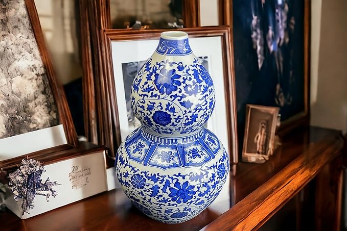 17" Classic Blue and White Porcelain Gourd-Shaped Vase, China Ming Style, Happiness, Good Fortune, Fengshui, Jingdezhen, Free Wood Base