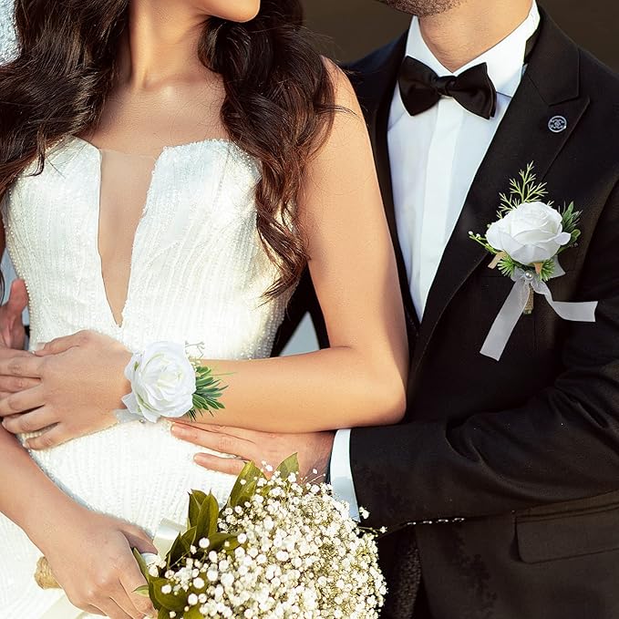 Artificial Flowers White Rose Wrist Flowers and Men's Corsage Wedding Flowers Ceremony Prom Flower (2 Boutonniere & 2 Wrist Corsage White)