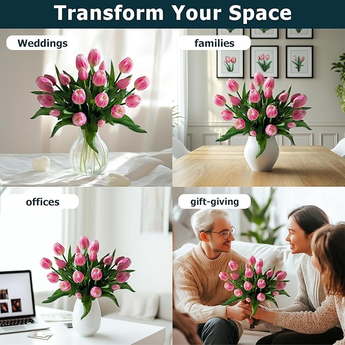 20PCS Fake Tulips Artificial Tulip Silk Flowers Fake PU Bouquet Artificial Flowers Faux Flowers with Gift Box Soft Faux Tulips Bouquets Arrangements for Party Wedding Home
