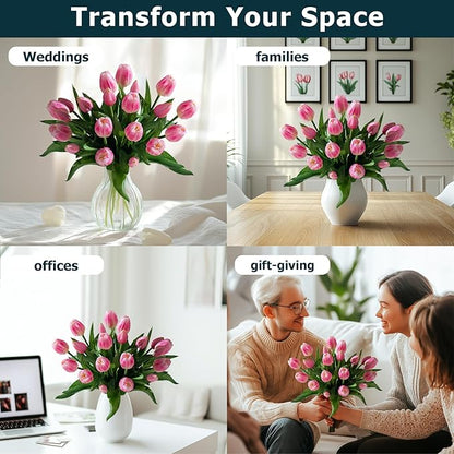 20PCS Fake Tulips Artificial Tulip Silk Flowers Fake PU Bouquet Artificial Flowers Faux Flowers with Gift Box Soft Faux Tulips Bouquets Arrangements for Party Wedding Home
