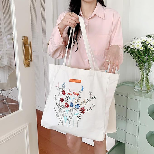 Cotton Canvas Tote Bag Reusable Soft Grocery Cloth Bag Floral Shoulder Bag for Beach Travel Shopping