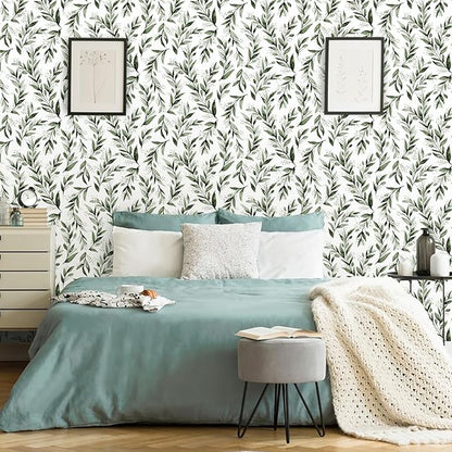 Erfoni Green Leaf Wallpaper Floral Peel and Stick Wallpaper 17.7inch x 196.8inch Greenery Leaves Self Adhesive Contact Paper Peel and Stick Olive Botanical Flowers Wall Paper for Bedroom Decor Vinyl