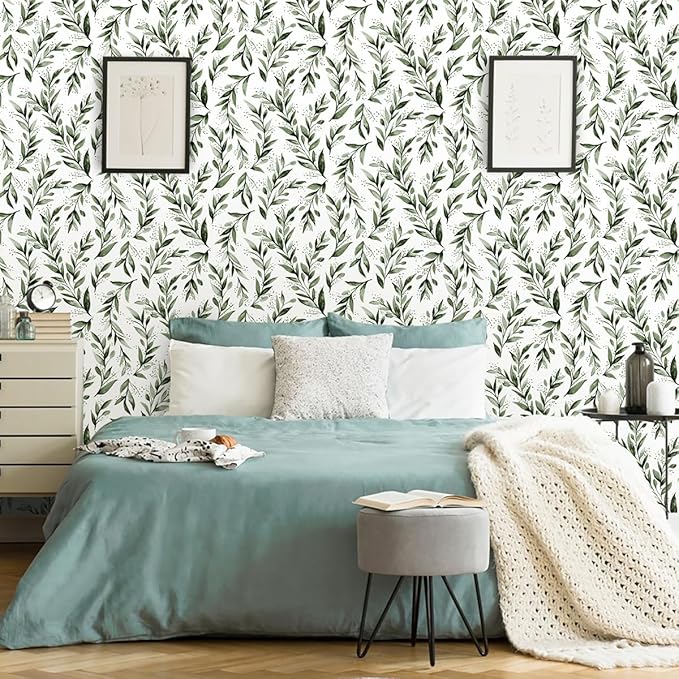 Erfoni Green Leaf Peel and Stick Wallpaper Green Contact Paper 17.7"x 118.1" Boho Leaves Self Adhesive Wallpaper Modern DIY Removable Wall Paper for Bedroom Cabinets Decor Vinyl Roll