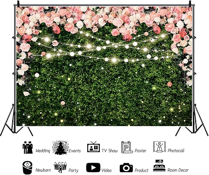 10x8ft Flower Wall Backdrop Pink Rose Floral Blossom Green Leaves Photography Background Women Girls Birthday Party Wedding Banner Decorations Portraits Supplies Photo Booth Props