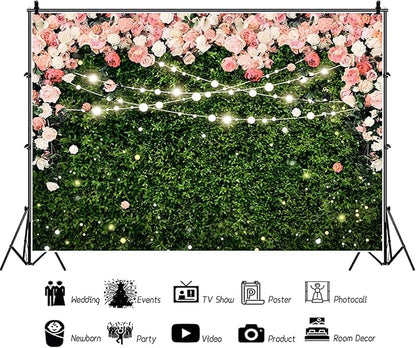 10x8ft Flower Wall Backdrop Pink Rose Floral Blossom Green Leaves Photography Background Women Girls Birthday Party Wedding Banner Decorations Portraits Supplies Photo Booth Props