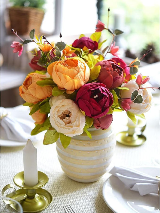 Barley White, Faded Orange & Pinkish Red Silk Peony and Hydrangea Bouquet with 2 Elegant Gold Taper Candle Holders – Luxurious Floral Arrangement for Weddings & Home Decor (Sunset Whisper)