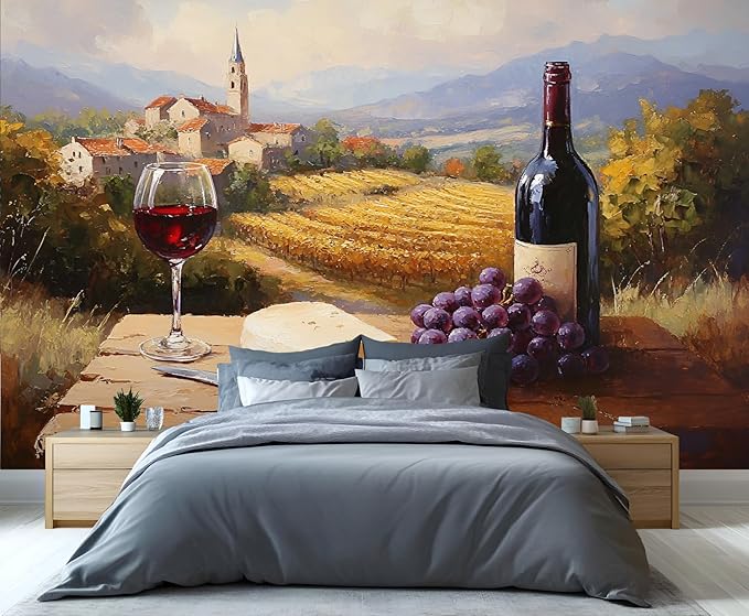 Tuscany Vineyard Wall Mural, Countryside Winery Scene 3D Wall Murals, Italian Rural Landscape Wallpaper Mural, for Living Room Bedroom Large Wallpaper Indoor Decor 137.8" W x100 H