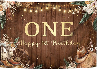 SVBright Western Cowgirl First Birthday Backdrop 8Wx6H One Year Old Pampas Grass Country West Rustic Wooden Flower Retro Boots Hat Decorations Photography Background Banner Photo Booth Studio