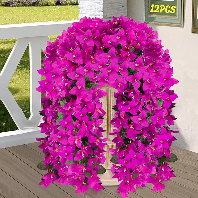 Artificial Bougainvillea Flowers for Outdoor Plant,12 pcs Faux Hanging Flowers Bougainvillea for Outside Decoration,Fake Silk UV Resistant Vines for Front Door Porch(Fuchsia)