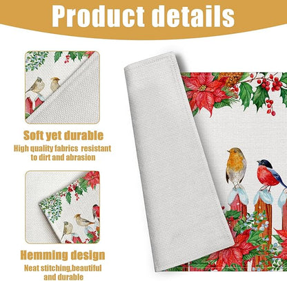 Christmas Birds Placemats Set of 6, Winter Red Cherry Linen Place Mat Washable Stain Resistant Table Mats for Farmhouse Kitchen Dining Party Wedding Decor 12x18 Inch