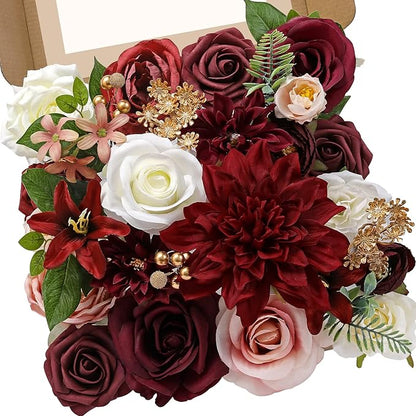 Serwalin Artificial Flowers, Burgundy Pink Flowers Fake Silk Flowers for DIY Wedding Bridal Bouquets, Wedding Cake Flowers for Table Centerpieces Bridal Shower Birthday Party Home Fall Decor