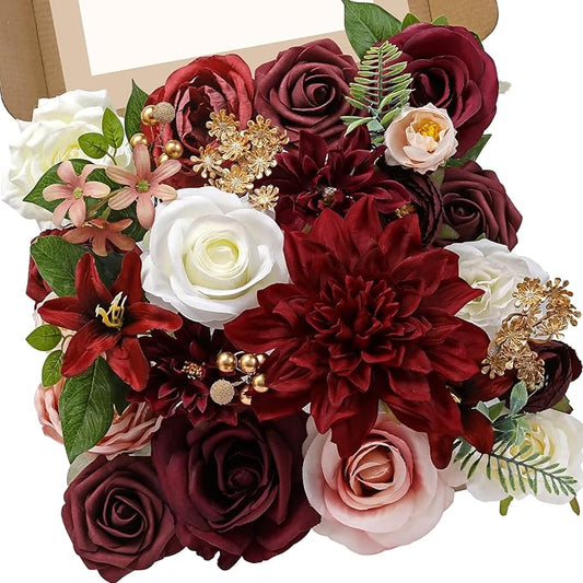 Serwalin Artificial Flowers, Burgundy Pink Flowers Fake Silk Flowers for DIY Wedding Bridal Bouquets, Wedding Cake Flowers for Table Centerpieces Bridal Shower Birthday Party Home Fall Decor