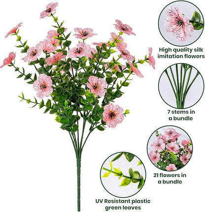 20 Bundles Artificial Flowers for Outdoor Fake Plants for Spring Decoration,Faux Eucalyptus Flowers for Planter UV Resistant Lifelike for Home Porch Garden（Pink）