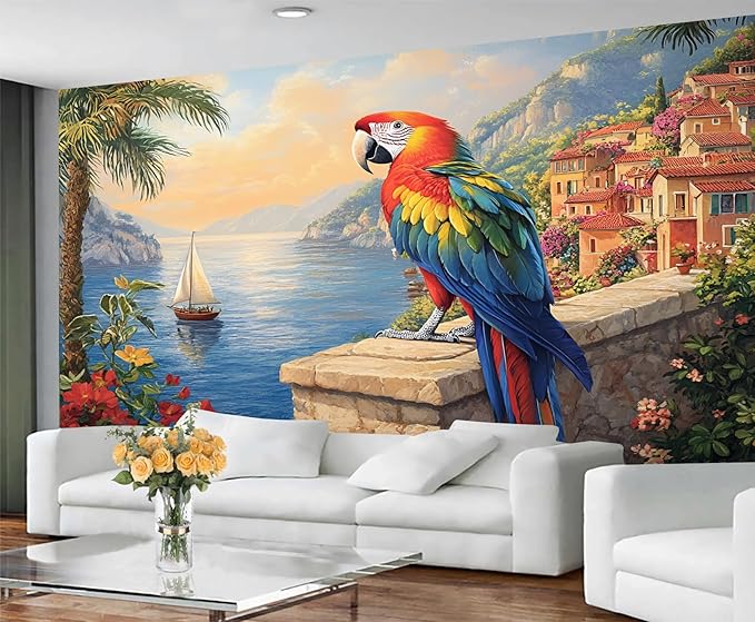 Macaw Parrot Wall Mural, Coastal Mediterranean Parrot 3D Wall Murals, Sunset Seaside Village Scene Wallpaper Mural, for Living Room Bedroom Large Wallpaper Indoor Decor 98.4" W x68.9 H