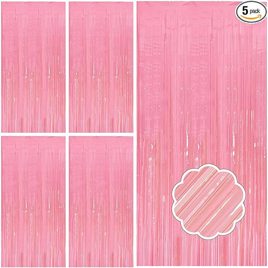 5 Pack Pink Tinsel Curtain Party Backdrop Foil Fringe Light Pink Halloween Baby Shower Valentines Wedding Birthday Decorations for Women