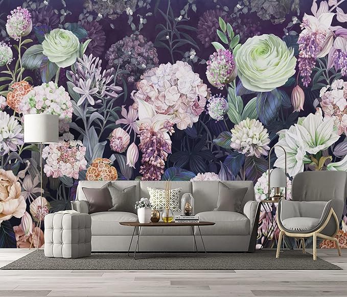 Black Floral Wallpaper Bedroom Purple Botanical Flowers Leaf murals Living Room tv Background Large Wall Mural Aesthetic Room Decor - 160"x108" Not Peel and Stick