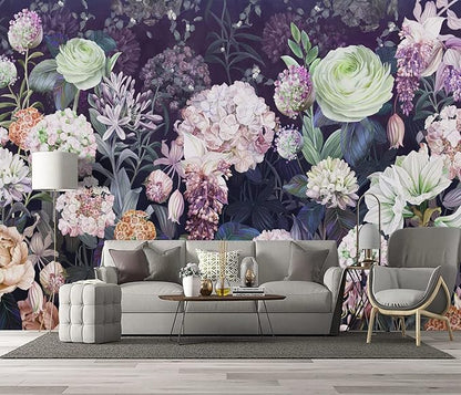 Black Floral Wallpaper Bedroom Purple Botanical Flowers Leaf murals Living Room tv Background Large Wall Mural Aesthetic Room Decor - 160"x108" Not Peel and Stick