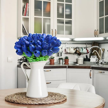 20pcs Blue Tulips Artificial Flowers Fake Silk Tulips Real Touch Flowers for Spring Kitchen Wedding Home Decor Arrangements Easter Decor 14 Inch