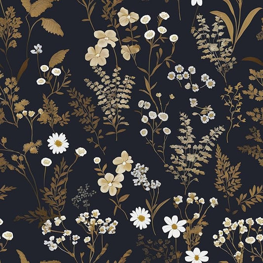 Dark Floral Wallpaper Peel and Stick 17.5in x 197in Vintage Navy Gold Leaf Wallpaper Vinyl Waterproof Self-Adhesive Dark Blue Botanical Wall Paper Mural for Bookcase Bedroom Cabinet Decor