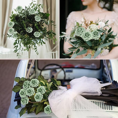200PCS Elf Green Artificial Flowers Roses Real Looking Foam Fake Roses with Leaves for DIY Wedding Bouquets Bridal Shower Party Decorations (Elf Green, 200)