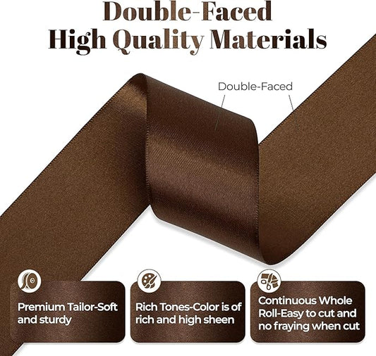 Brown Satin Ribbon, Double Faced 1-1/2 Inch X 50 Yards Brown Ribbon, Premium Satin Ribbon for Gift Wrapping, Crafts, Hair Bow Making, Sewing, Flower Bouquet, Wedding Party Decor