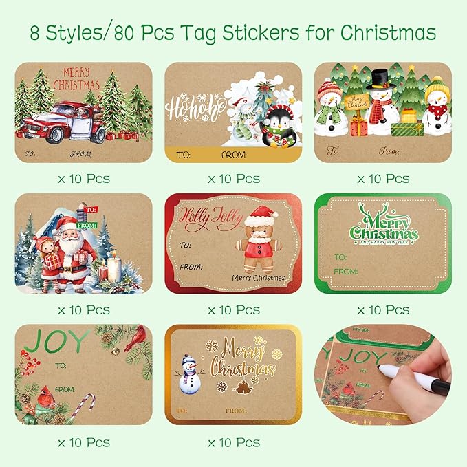 AuroTrends Jumbo Christmas Name Tags Stickers 80 Pcs/8 Designs- Kraft Name Tags for Christmas Presents Christmas Tags Stickers with Relective Metallic Foil