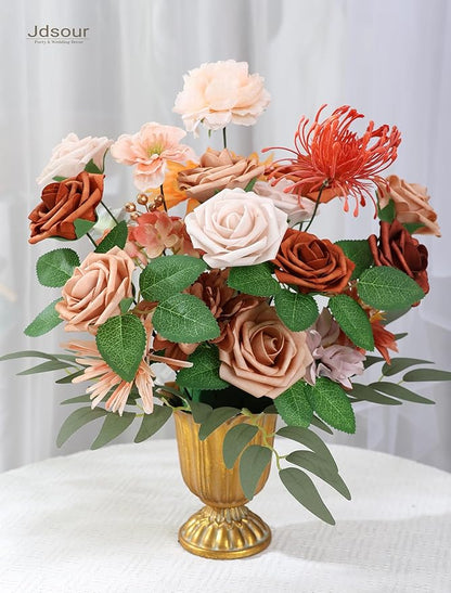 25pcs Artificial Flower，Real Looking Foam Roses w/Stem for DIY Wedding Bouquets Centerpieces Bridal Shower Party Decor-Shades of Burnt Orange