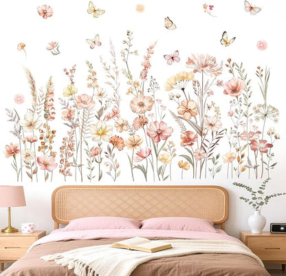 decalmile Watercolor Boho Flowers Wall Decals Wildflower Floral Grass Plants Butterfly Wall Stickers Bedroom Living Room Sofa TV Background Home Decor