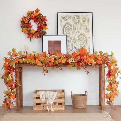 MIZII Fall Decor Artificial Maple Leaf Pumpkin Garland 6FT Fake Autumn Vines Garland Thanksgiving Halloween Harvest Decorations for Porch Mantle Table Centerpieces Fireplace Farmhouse (Yellow PK)