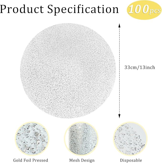 Hysenm 100 Pcs Disposable Silver Placemats Set Metallic 13 Inch Round Foil Mesh Pressed Table Doilies, Ultra-Thin Disposable Placement Mats for Home Decoration Dining Table Wedding Birthday Party