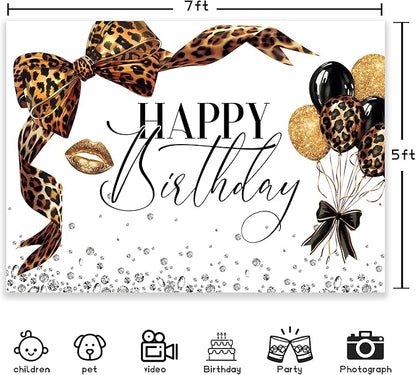 Leopard Print Bow Happy Birthday Backdrop 7Wx5H Photography Coquette Brown White Gold Bowknot Balloons Diamond Bownot Background Girly Party Decorations Banner Photo Booth Props Supplies