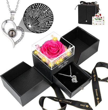 Preserved Dark Pink Real Rose -Eternal Flowers Rose Gifts for Mom Grandma Wife Girlfriend Gifts for Her Christmas Birthday Anniversary with I Love You Necklace
