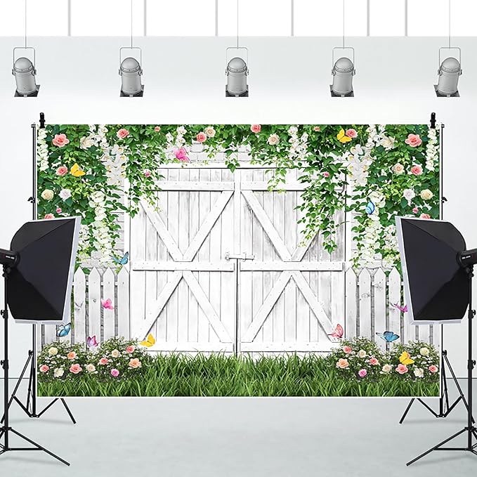 AOFOTO White Barn Door Floral Backdrop 5x3ft Spring Garden Background Banner Green Leaves Flowers Butterfly Wooden Door Backdrops Birthday Bridal Shower Wedding Banner Photo Booth Studio Props