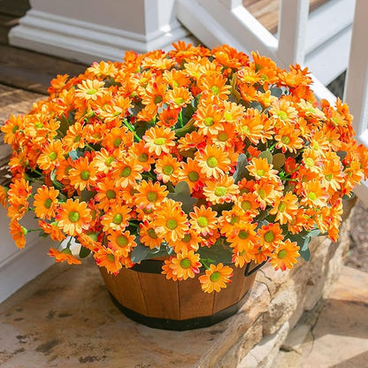 Daisy Artificial Flowers for Outdoors Winter Decoration, 6 Bundles Fake Mums Orange Silk Flowers for Outside Look Real UV Resistant Fake Plants Faux Flowers for Planter Front Door Home Indoor Urn