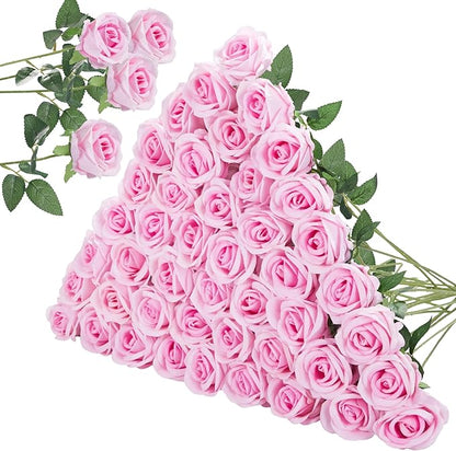 InnoGear 50 Pcs Pink Roses Artificial Flowers, Fake Velvet Silk Rose Bulk Faux Flower for Decoration DIY Wedding Centerpieces Proposal Bridal Bouquets Shower Party Home Floral Decor (50, Pink)