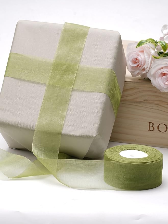 2 Roll Saga GreenOrganza Ribbon 1.5 Inch - 100 Yards for Wedding Gift Wrapping, Invitations & Party Decoration