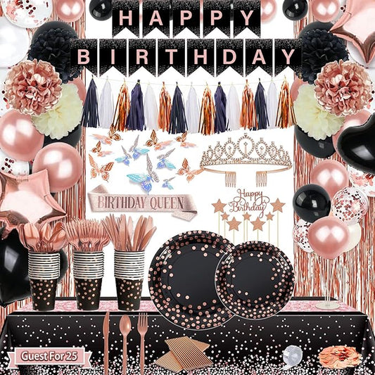 295 Pcs Black And Rose Gold Birthday Decorations, Birthday Decorations for Women or Girl Kit- Disposable Dinnerware Set with 25 Guest, Balloons, Sash, Tiara, Banner, Paper Pom Poms