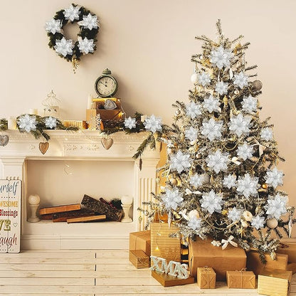 Geosar 24 Pieces Christmas Glitter Poinsettia Flowers Layered Artificial Xmas Flowers Wedding Christmas Tree New Year Ornaments 3/4/6 Inch(Silver)