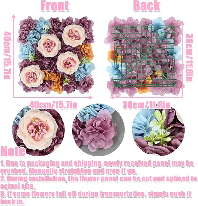 Flower Wall Backdrop, 12PCS 10.6"-15.7" Artificial Flower Wall Panel with Various Styles, 3D Floral Wall Decor for Wedding Photo Background Festive Party Home Decoration (I001, 15.7 * 15.7in)