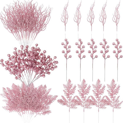 75 Pcs Christmas Glitter Branches 3 Styles Artificial Christmas Picks Berries Stems Pine Needles Floral Twig Spray for Xmas Tree Ornaments DIY Wreath Garland(Pink)