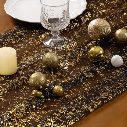 Socomi Christmas Snow Table Runner Gold Gauze Sheer Chiffon Cheesecloth Sequin 10FT Glitter Metallic Foil Dining Wedding Birthday Party Fall Winter Holiday Centerpiece Table Decor 3pcs Black