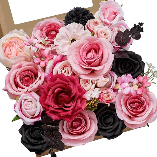 Serwalin 2PCS Artificial Flowers Black Hot Pink Fake Silk Flowers for DIY Wedding Bouquets, Wedding Cake Flowers for Table Centerpieces Baby Shower Birthday Party Home Decorations