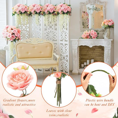 Geosar 8 Bundles Artificial Peonies Flowers Fake Silk Peony Bouquet Faux Peonies Flowers Bulk for Decoration Vase Floral Arrangements Wedding Party Table (Peach Pink,Light Pink)