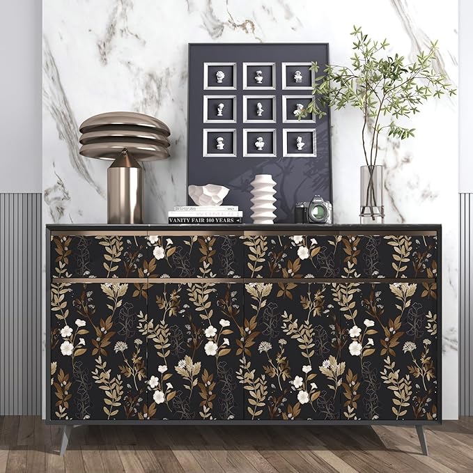 Black Wallpaper Peel and Stick Gold Leaf Contact Paper Black Gold Wallpaper 17.4" x 394" Waterproof Self-Adhesive Wall Covering for Bedroom Countertop Desk Cabinets Decor
