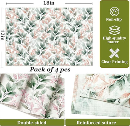 Linen Fabric Watercolor Botanical Placemats Set of 4 - Non-Slip Table Mats for Dining, Elegant Pink Berries & Green Leaves Design, Heat-Resistant Kitchen Decor, Farmhouse & Modern Home Décor