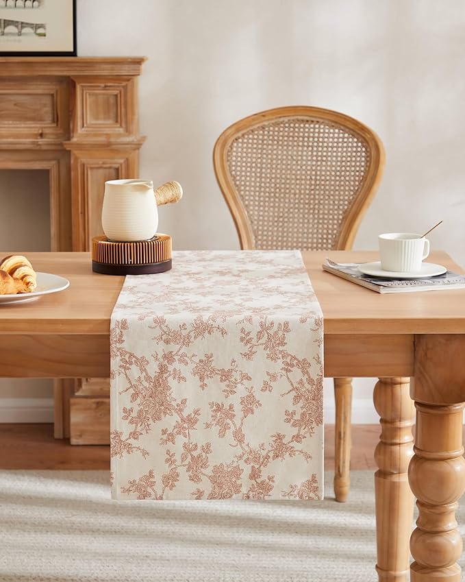 100% Cotton French Pastoral Table Runners, 13x90 Inch Terracota Farmhouse Table Runners 90 Inches Long, Vintage Flowers Print Home Decors