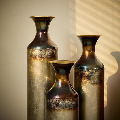 Metal Tall Floor Vases Set of 3, Hand-Forged Burnt Finish Rustic Floor Vase for Home Decor, 28.34 24.4 20.4 Inch Tall Decorative Vases for Farmhouse Industrial Living Room