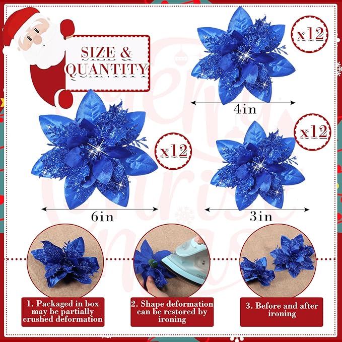 Geosar 36 Pcs Christmas Glitter Artificial Poinsettia Flowers Xmas Poinsettia Artificial Wedding Flowers Decorations Xmas Tree Ornaments with Clips for Party, 6 Inch, 4 Inch, 3 Inch(Royal Blue)
