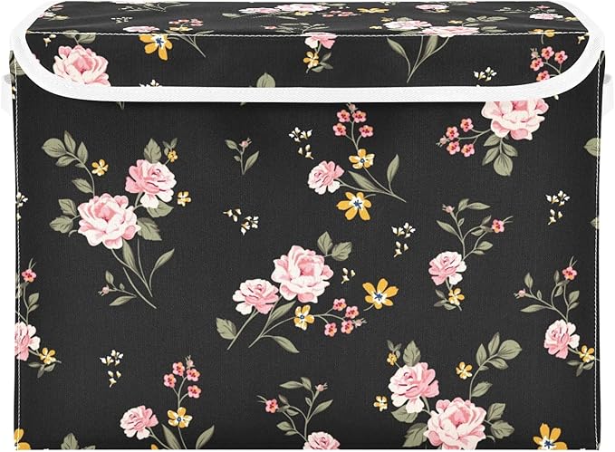 Flower Baskets Collapsible Storage Bins with Lids, Purple Green Rose Flower Storage Boxes Clothes Baskets for Organizing