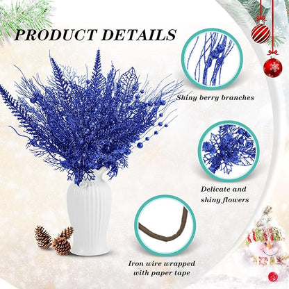 30 Pcs Artificial Christmas Tree Picks and Sprays Glitter Berry Stem Branches Holly Floral Picks Twigs Christmas Tree Ornaments for DIY Xmas Wreath Vase Filler Decorations(Royal Blue)